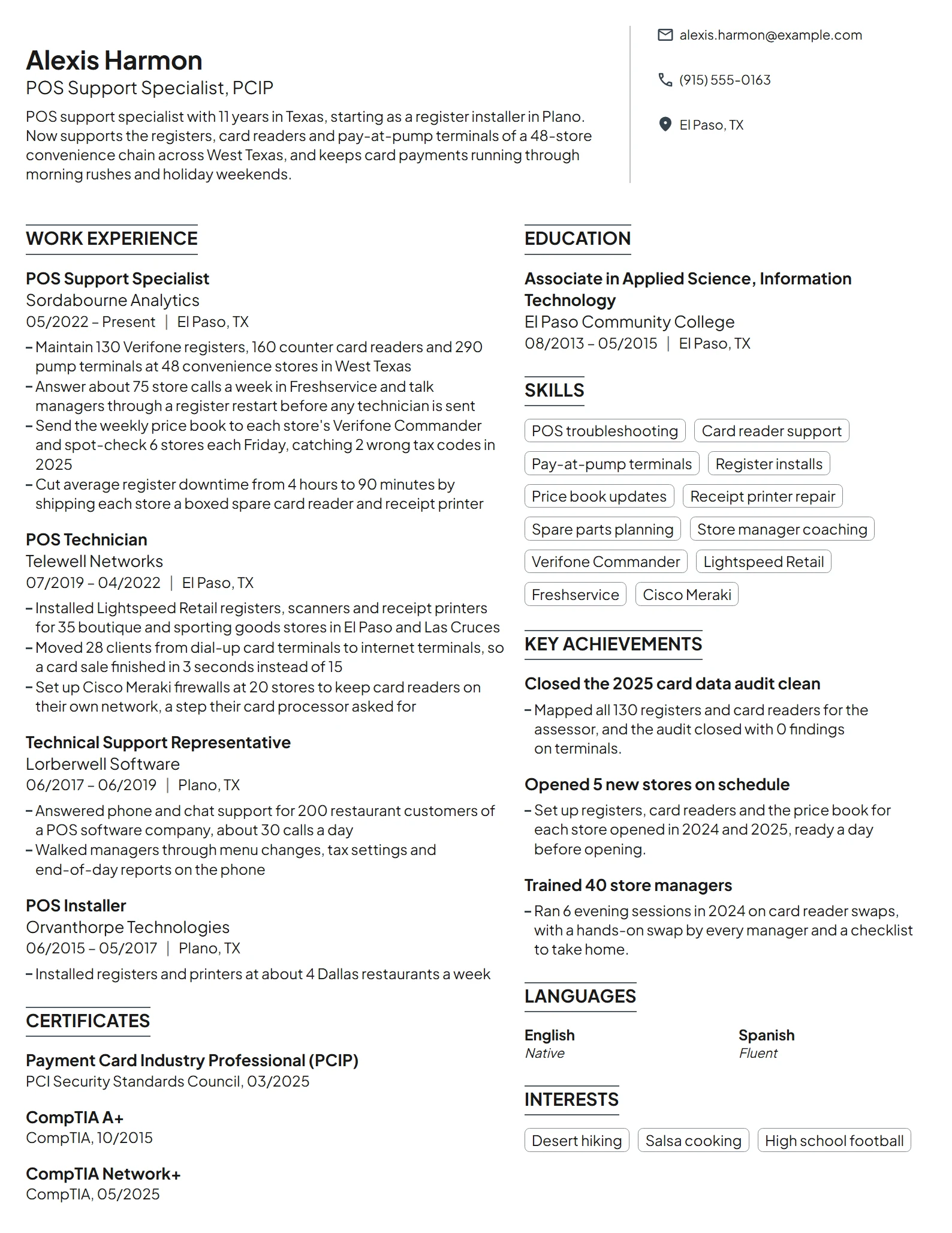 POS Support Specialist resume example