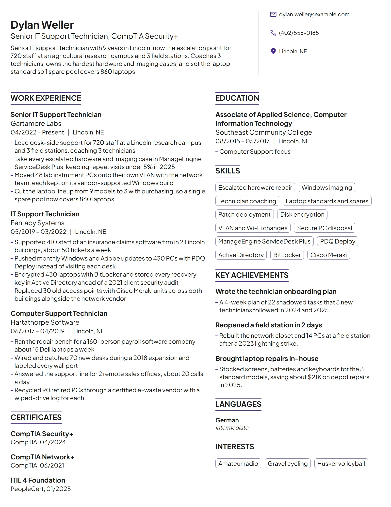 Senior IT Support Technician resume example
