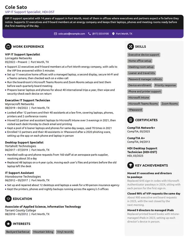 VIP IT Support Specialist resume example