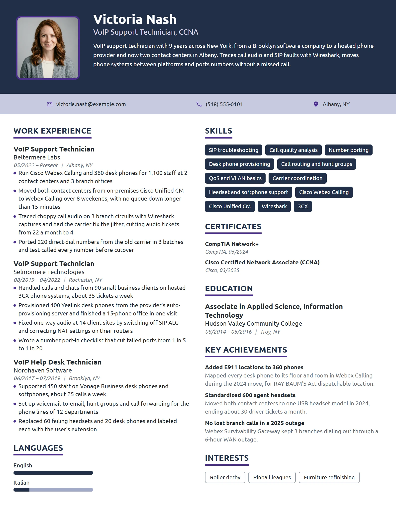VoIP Support Technician resume example