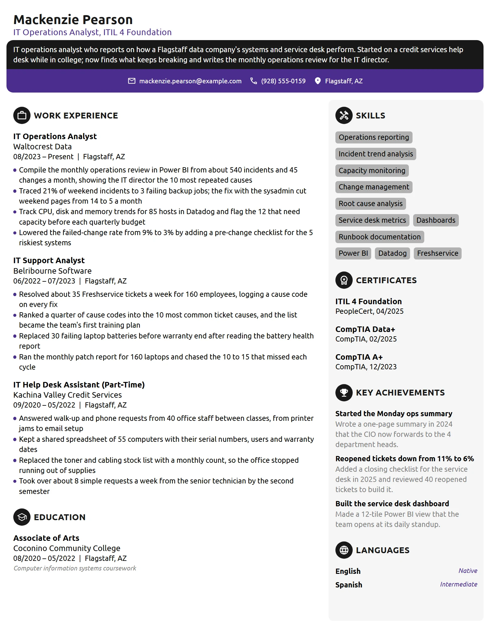 IT Operations Analyst resume example