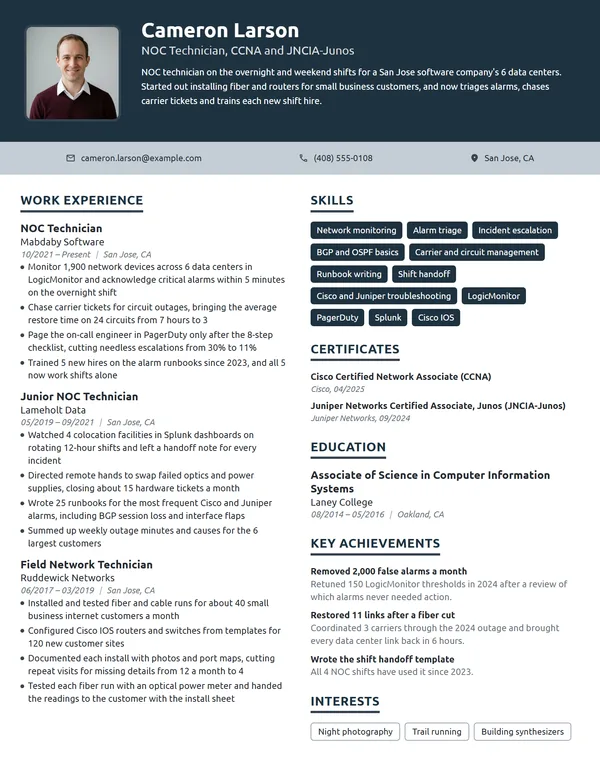 NOC Technician resume example