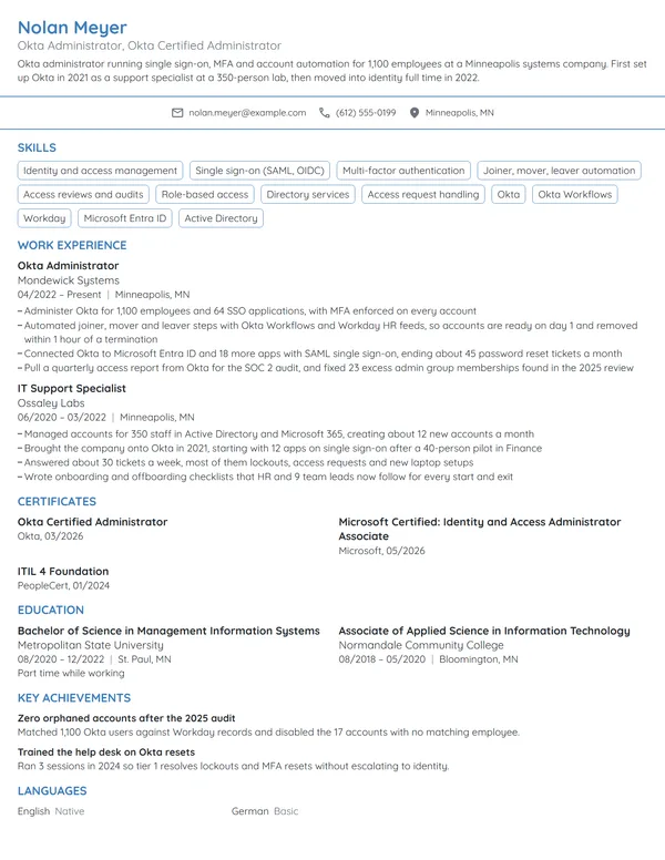 Okta Administrator resume example