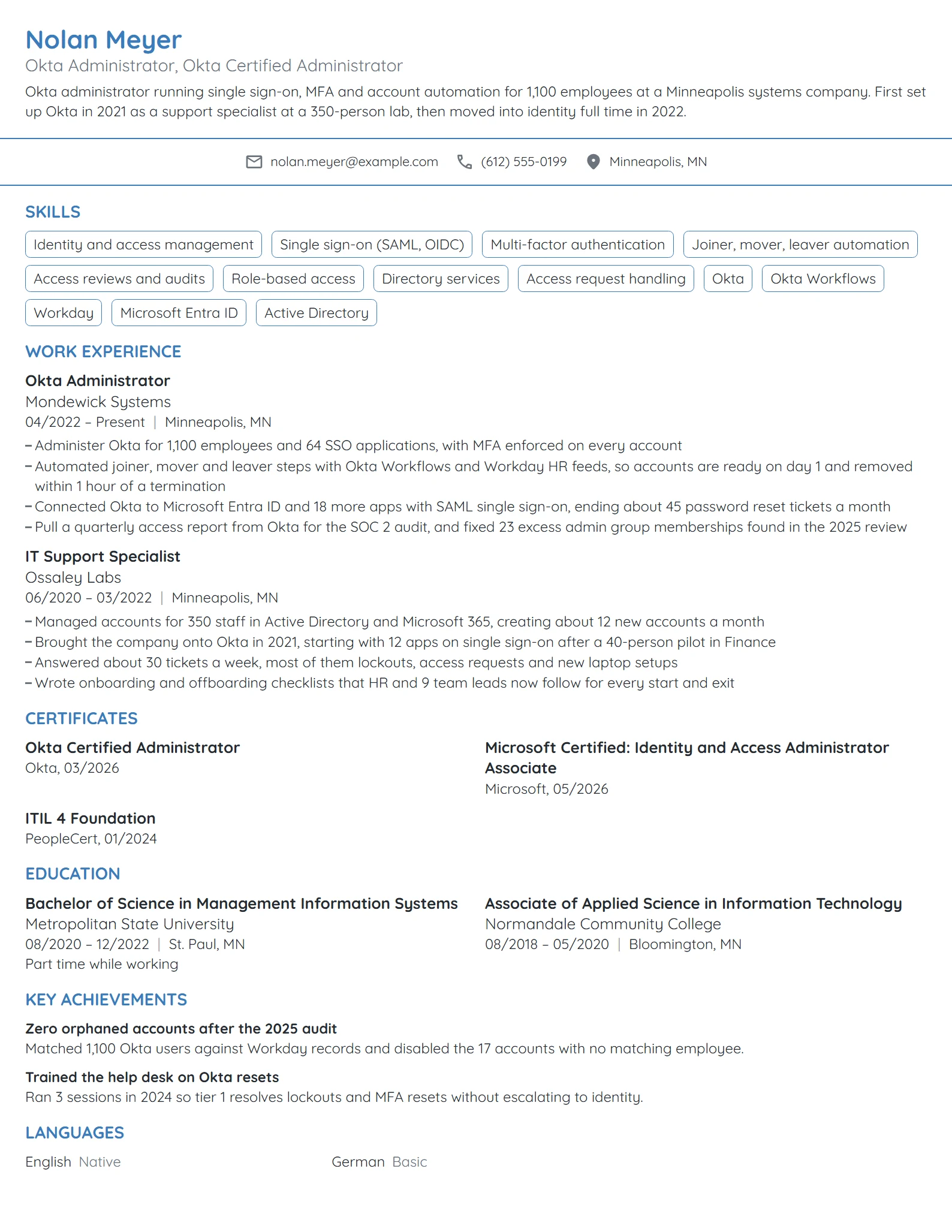 Okta Administrator resume example