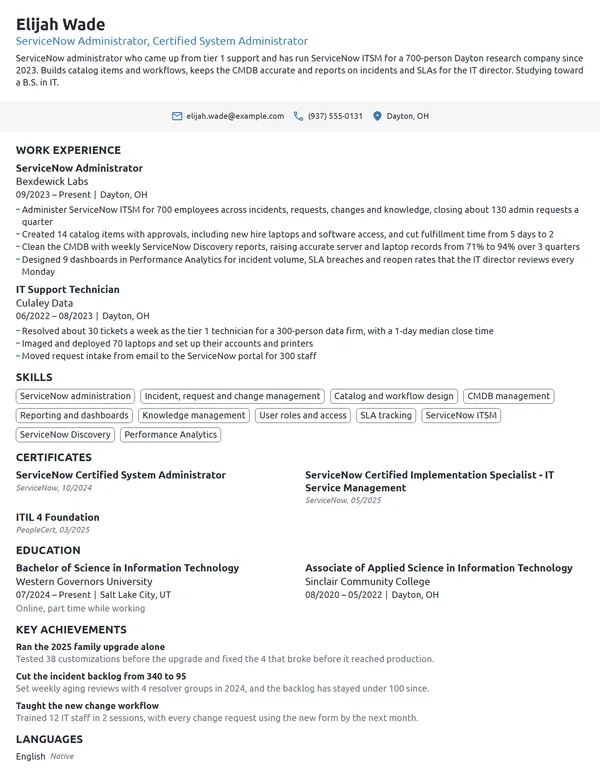 ServiceNow Administrator resume example