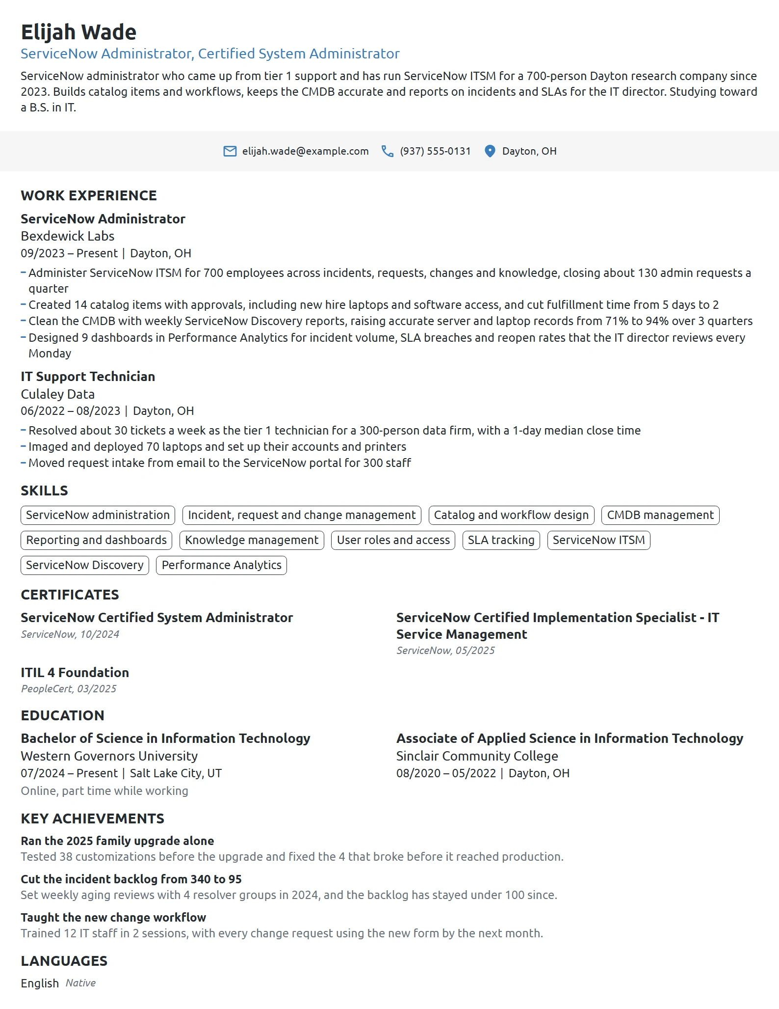 ServiceNow Administrator resume example