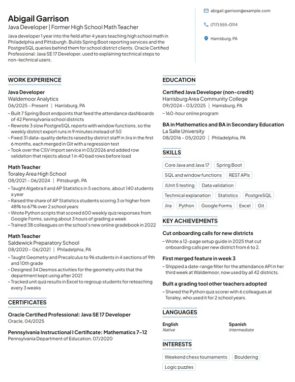 Career Change Java Developer resume example