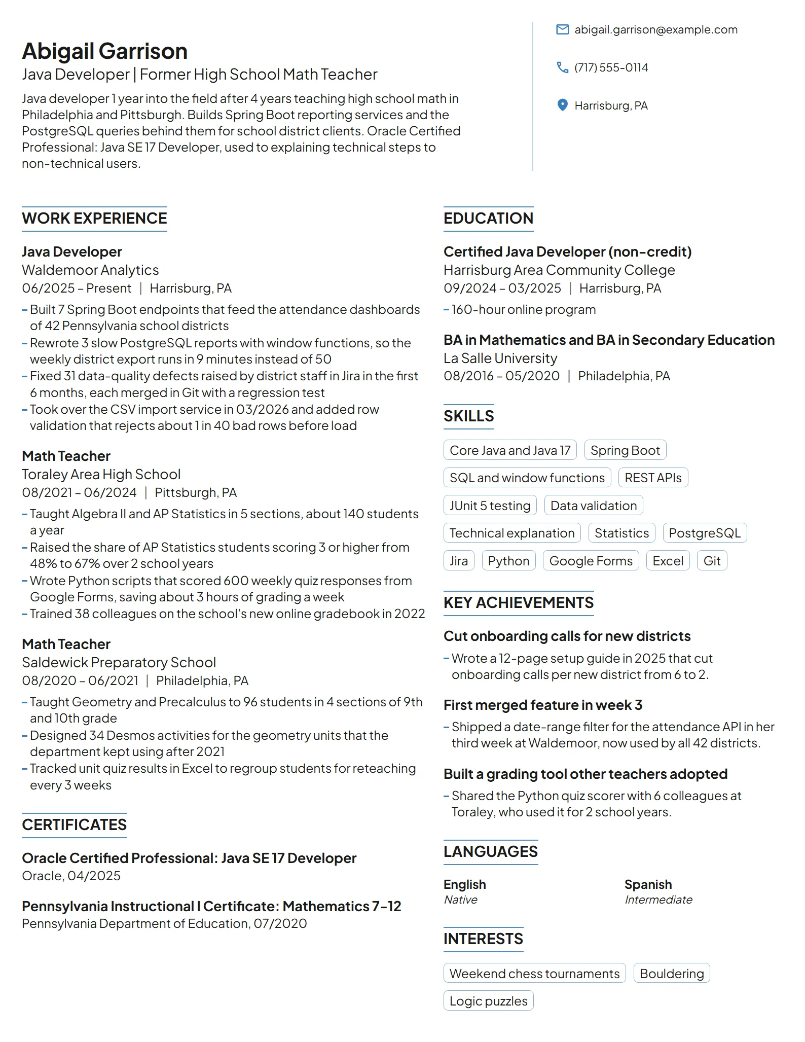Career Change Java Developer resume example