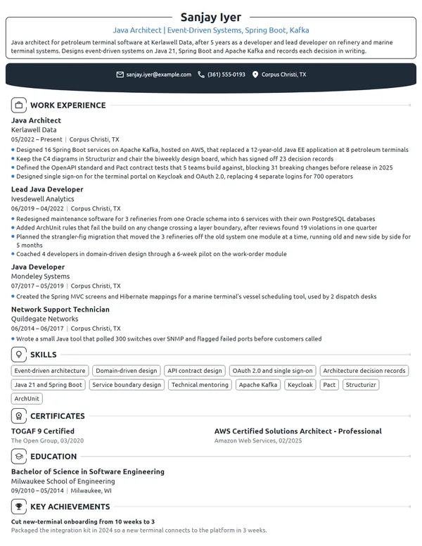 Java Architect resume example
