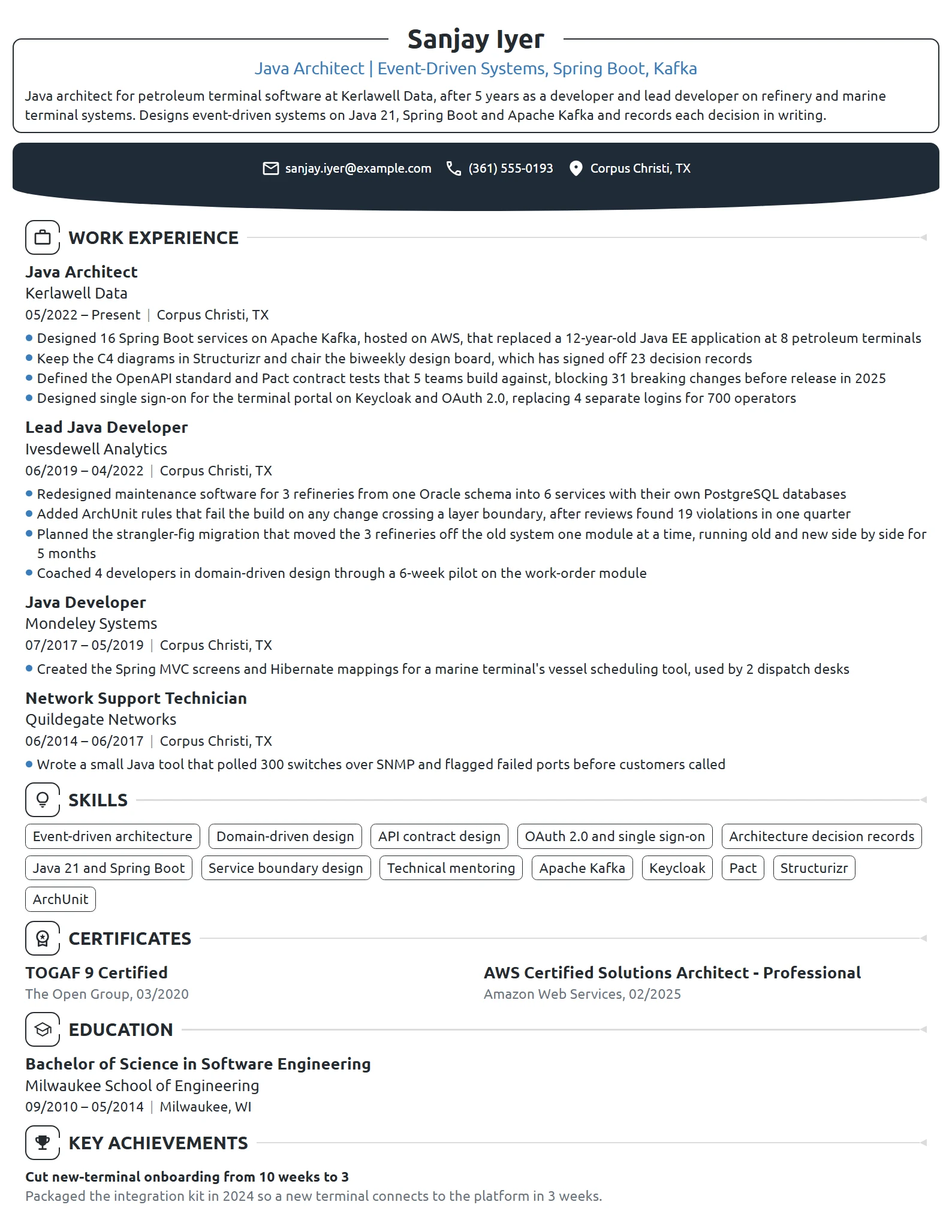 Java Architect resume example