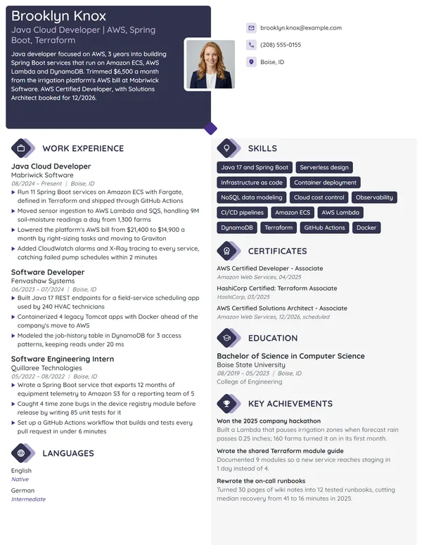 Java Cloud Developer resume example