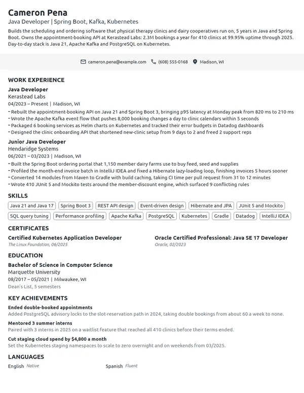 Java Developer resume example