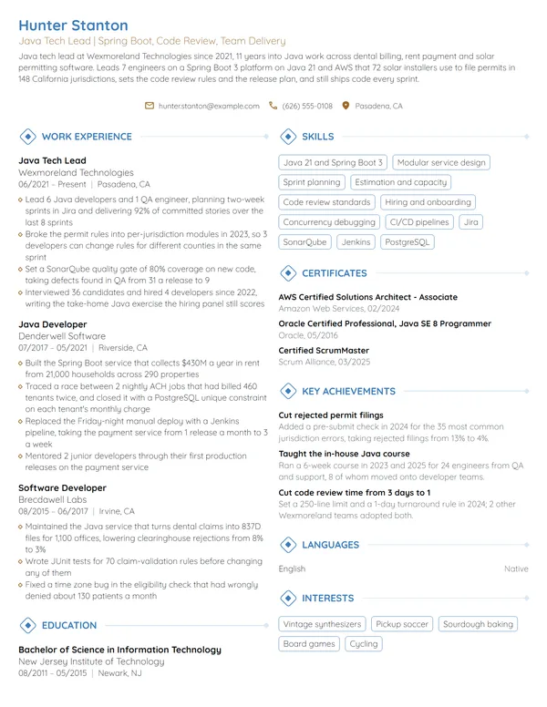 Java Tech Lead resume example