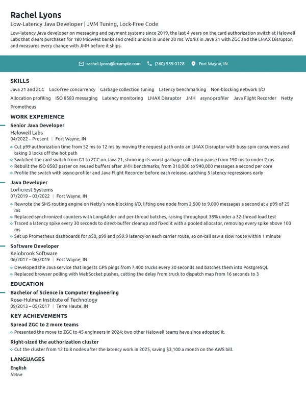 Low-Latency Java Developer resume example