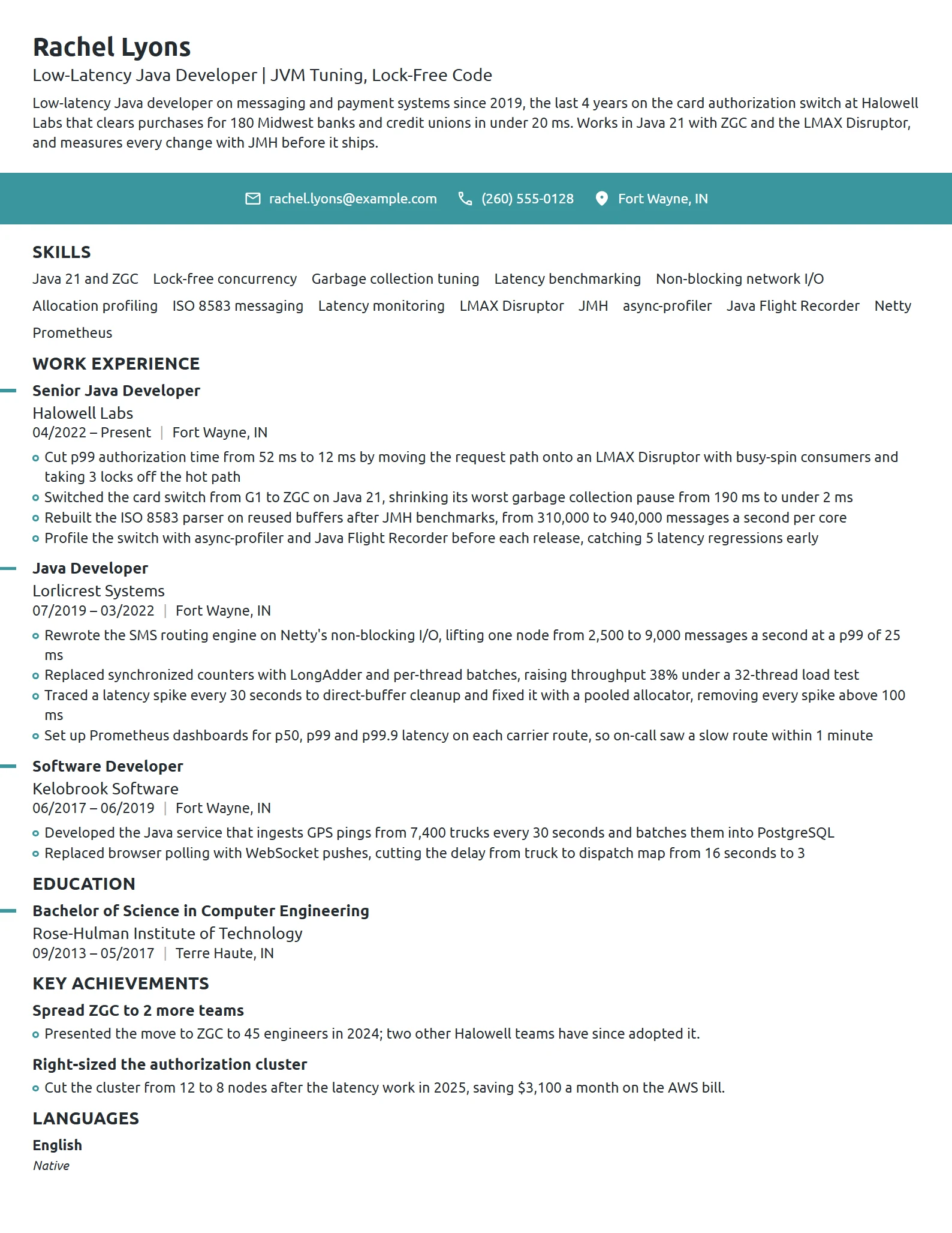 Low-Latency Java Developer resume example