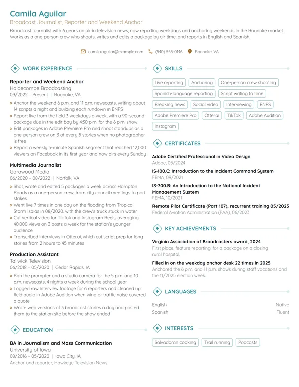 Broadcast Journalist resume example