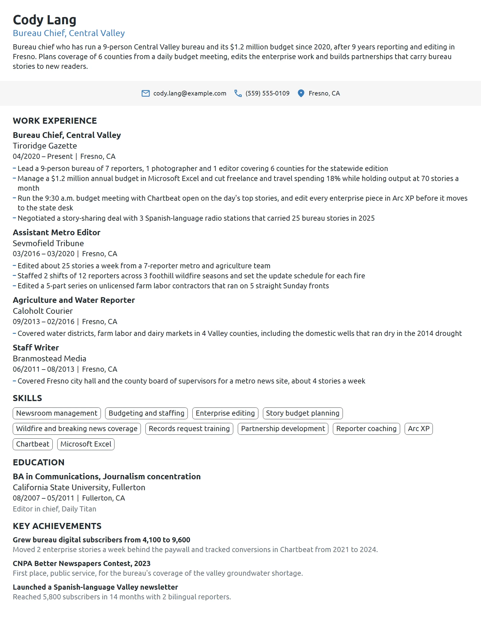 Bureau Chief resume example