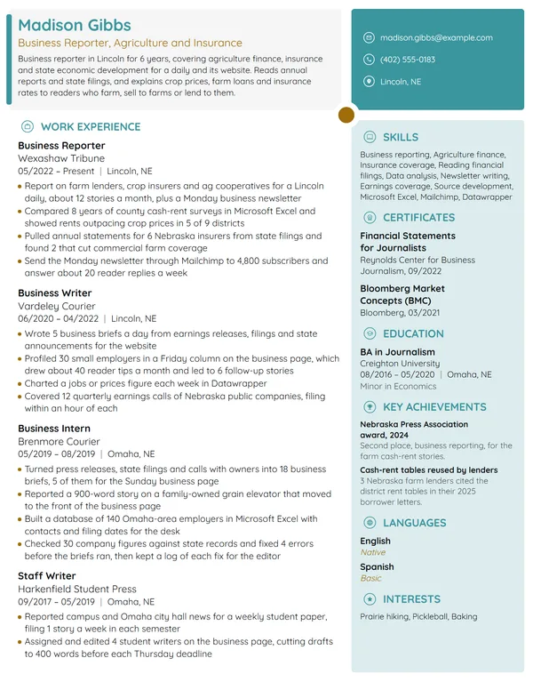 Business Reporter resume example