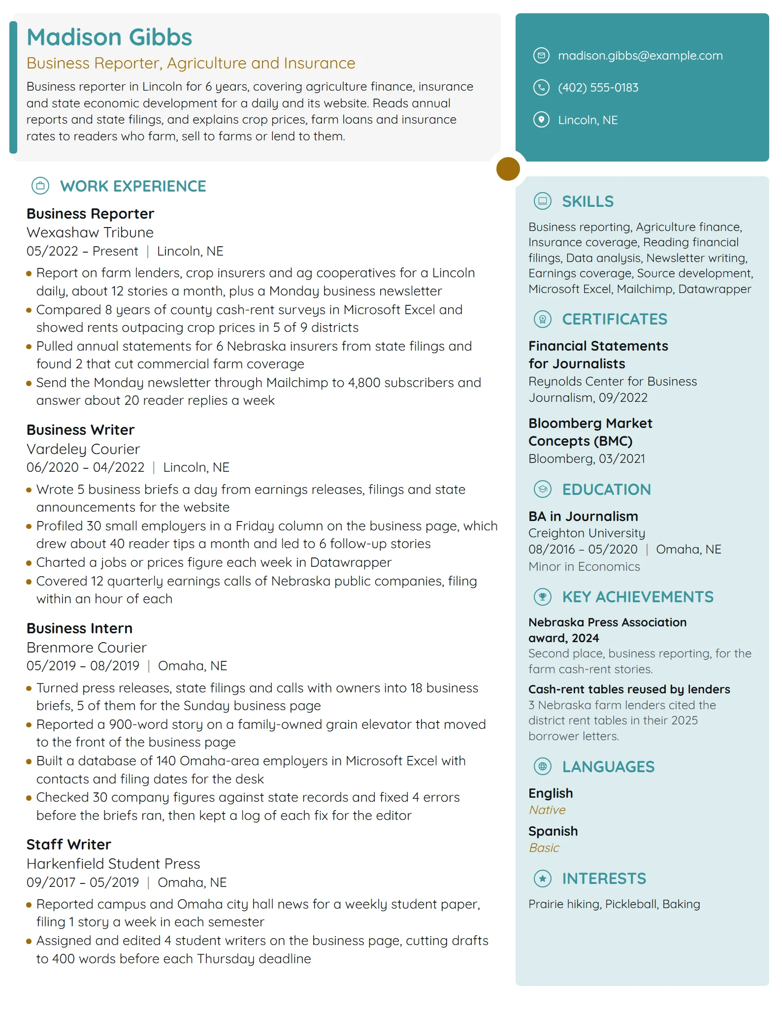 Business Reporter resume example
