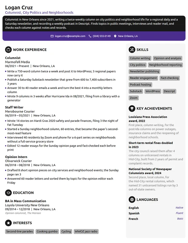 Columnist resume example