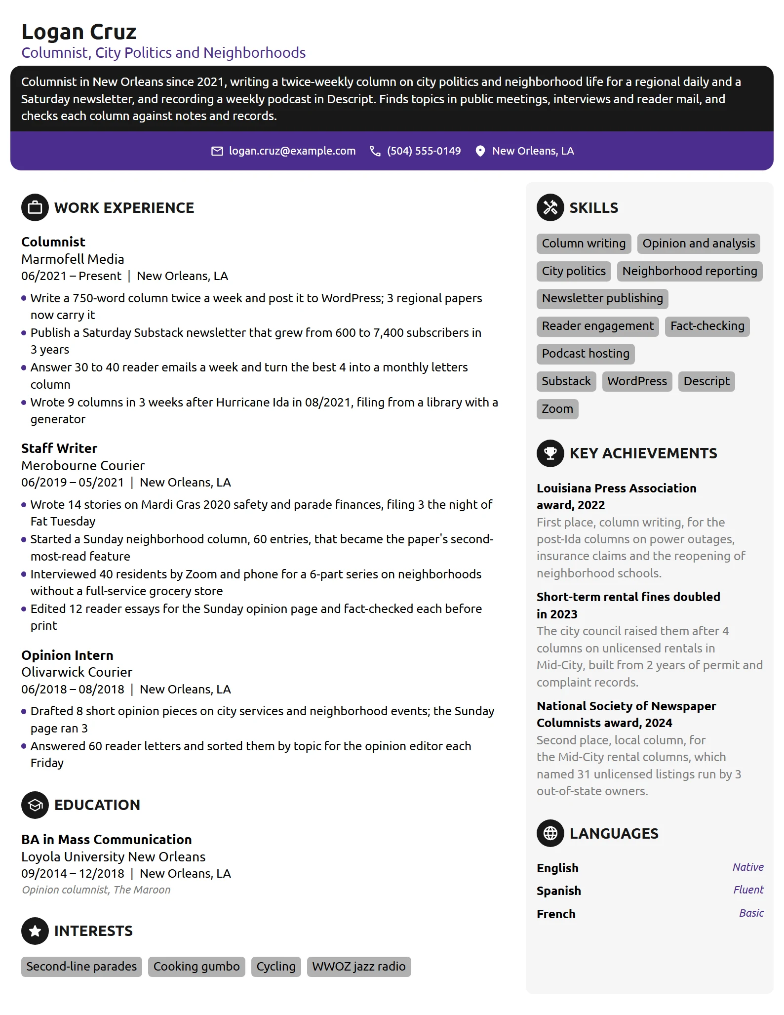 Columnist resume example