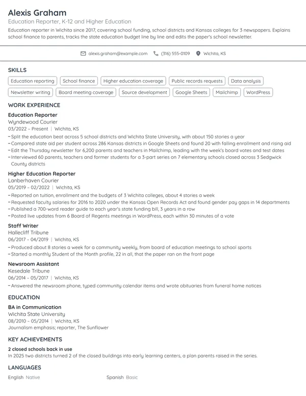 Education Reporter resume example