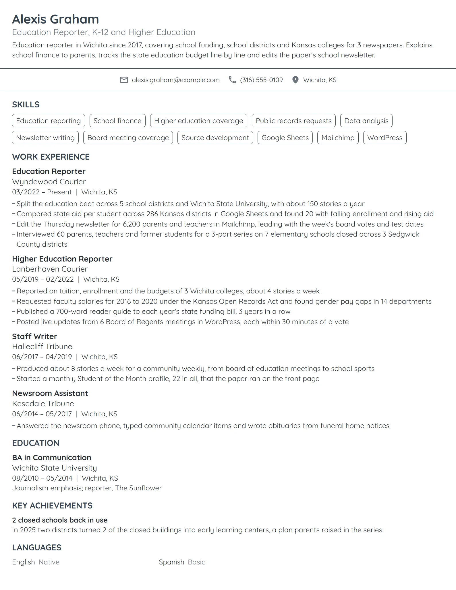 Education Reporter resume example