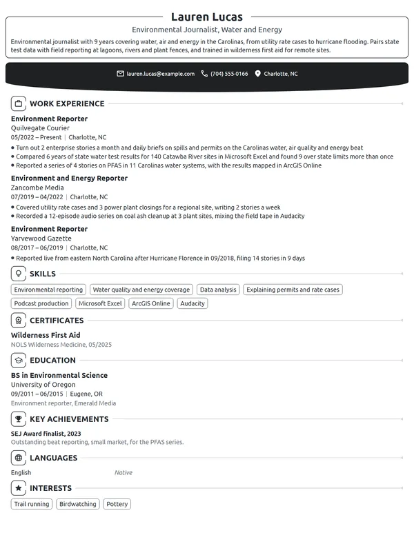 Environmental Journalist resume example
