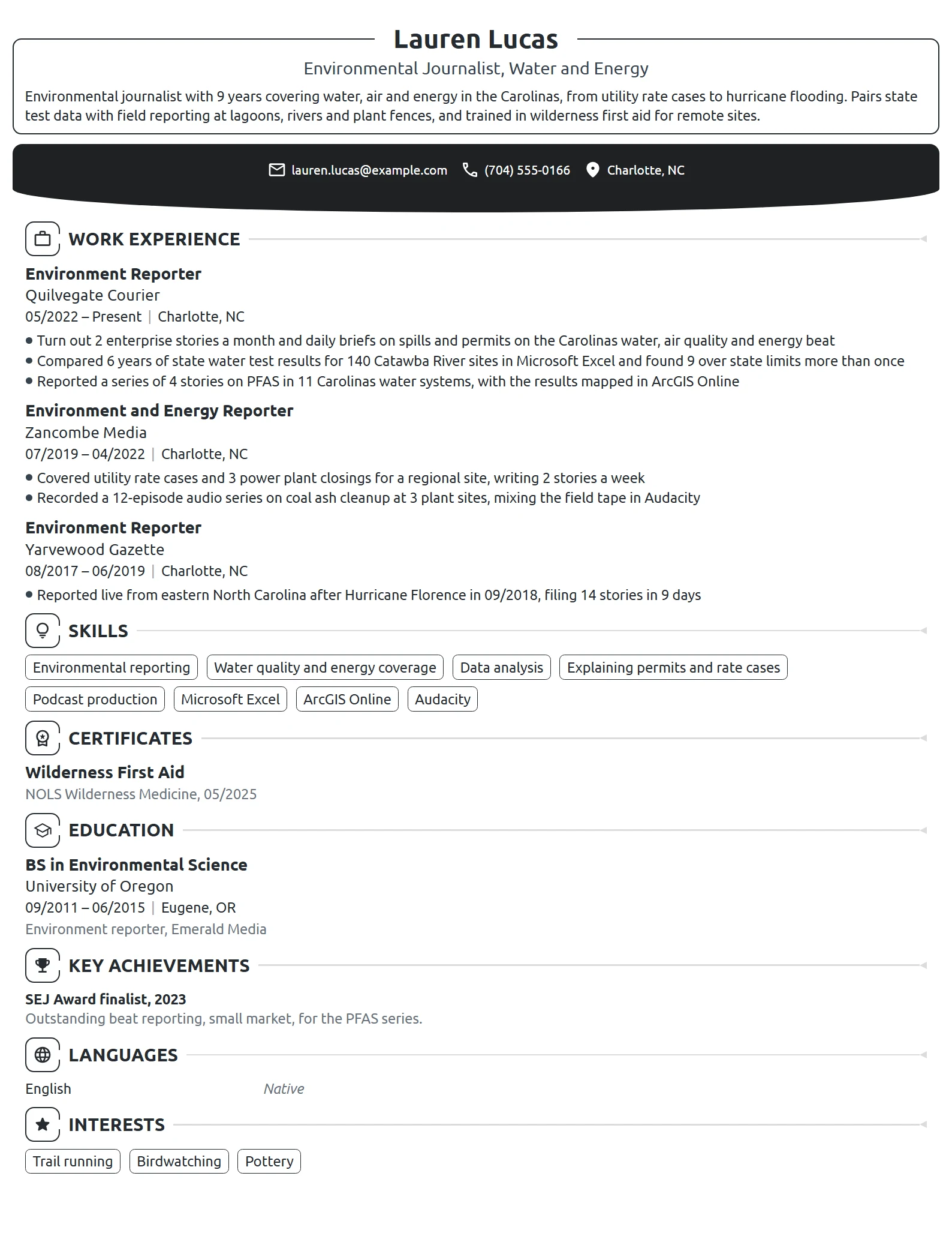 Environmental Journalist resume example