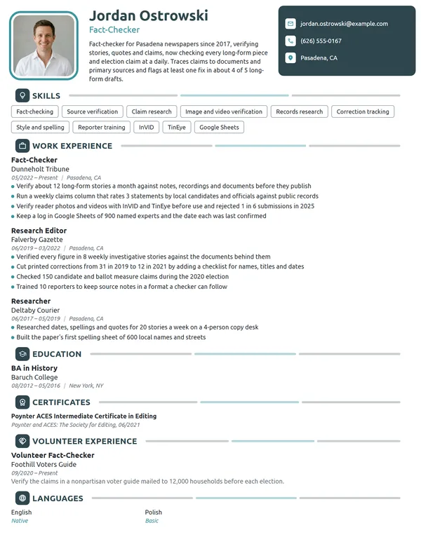 Fact-Checker resume example