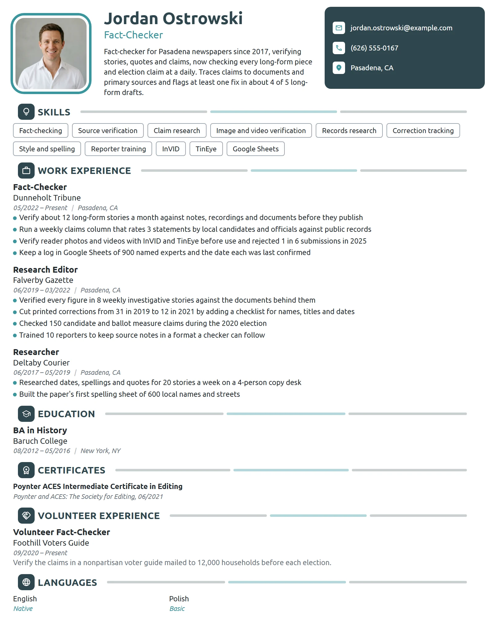 Fact-Checker resume example