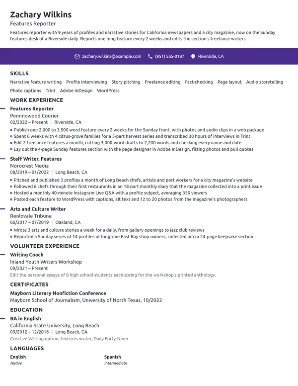 Features Reporter resume example