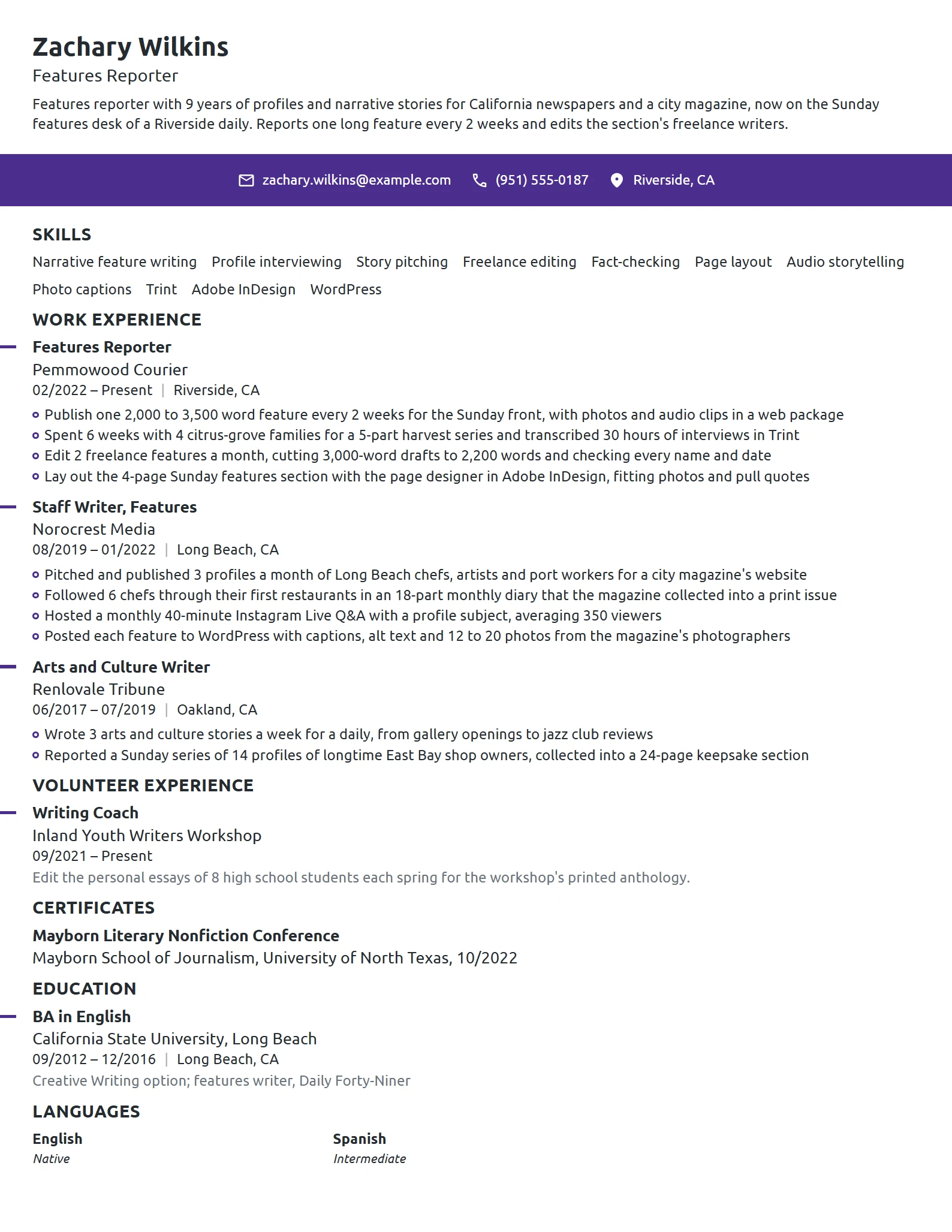 Features Reporter resume example