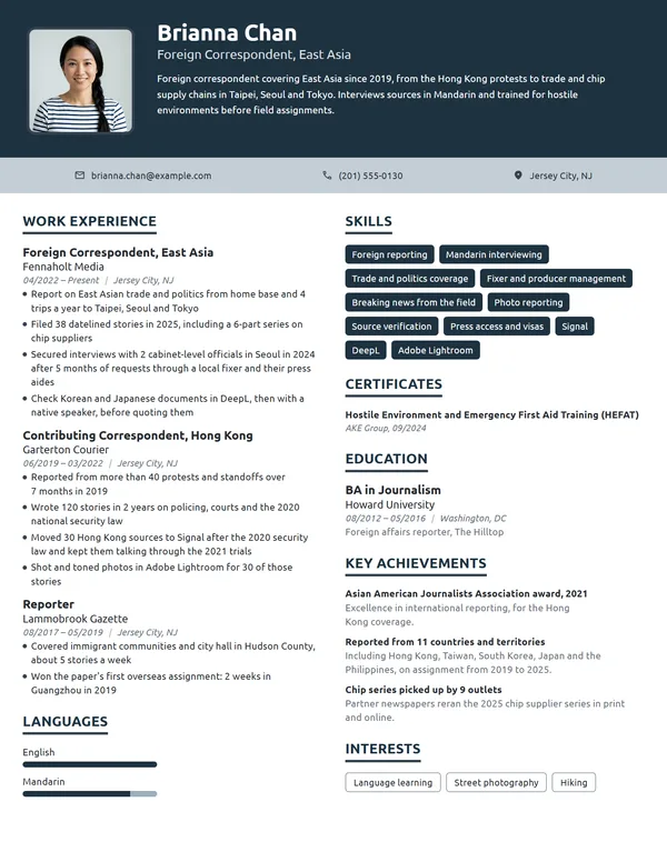 Foreign Correspondent resume example