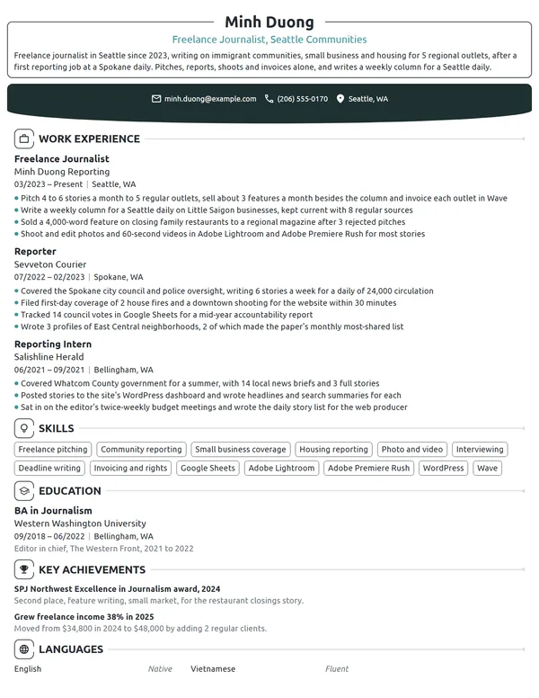 Freelance Journalist resume example
