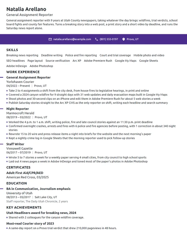 General Assignment Reporter resume example