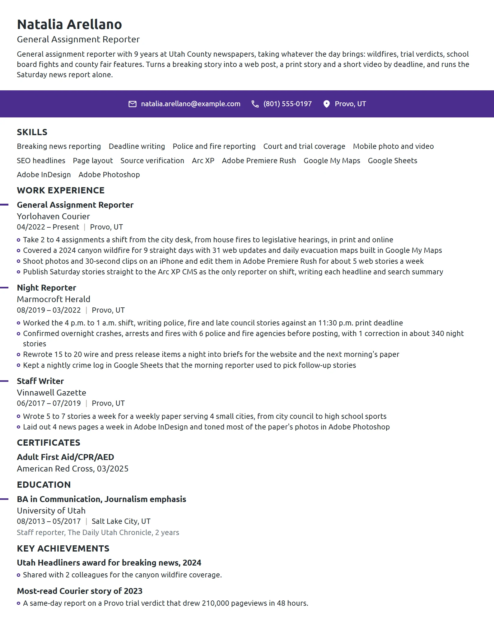 General Assignment Reporter resume example