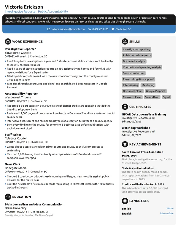 Investigative Journalist resume example