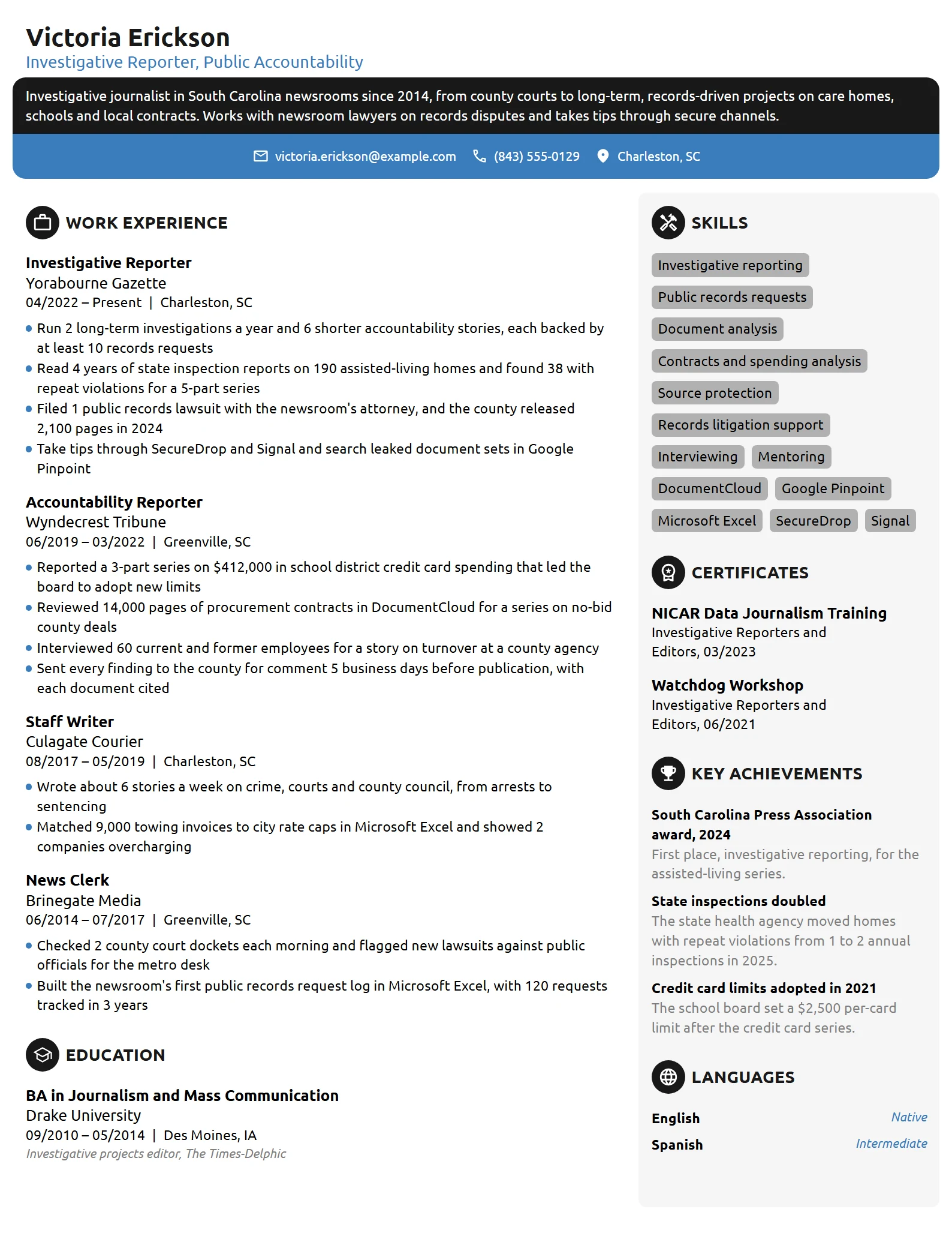 Investigative Journalist resume example