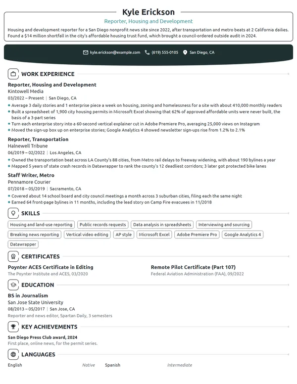 Journalist resume example