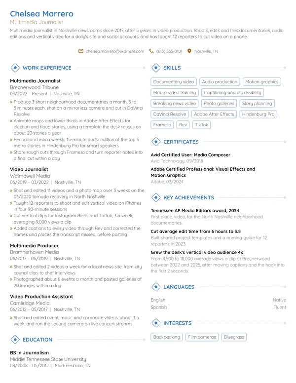 Multimedia Journalist resume example