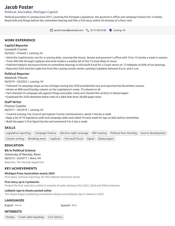 Political Journalist resume example