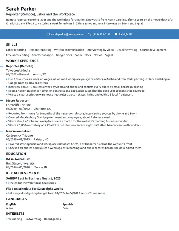 Remote Journalist resume example