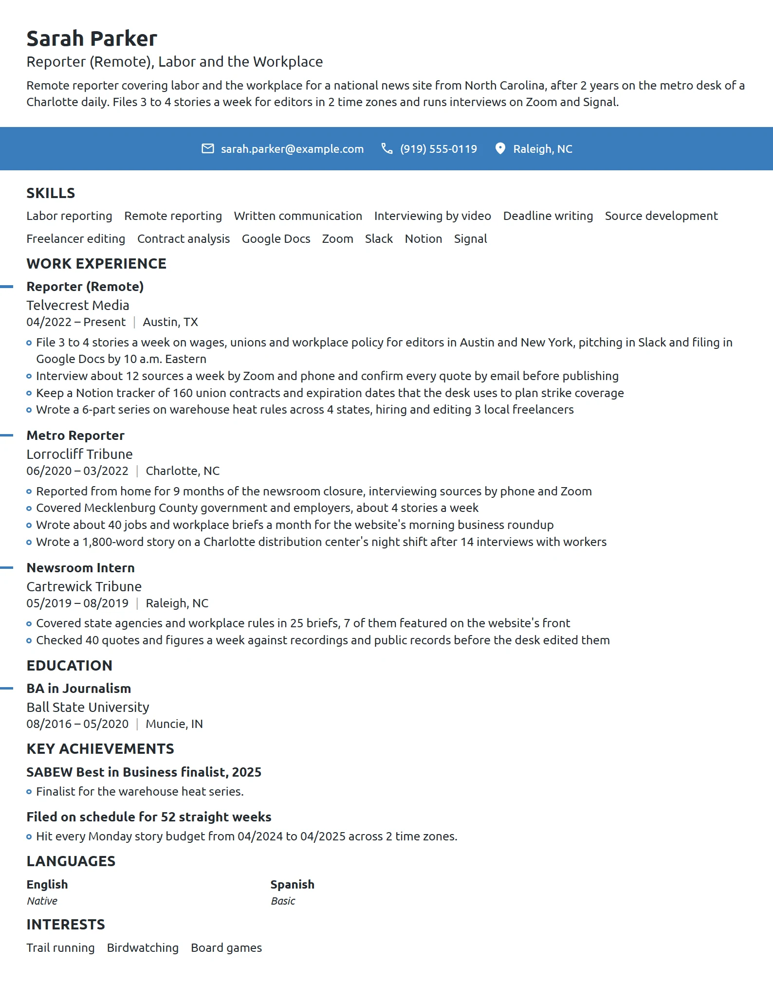 Remote Journalist resume example