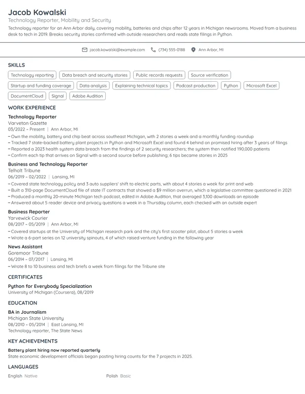 Technology Reporter resume example