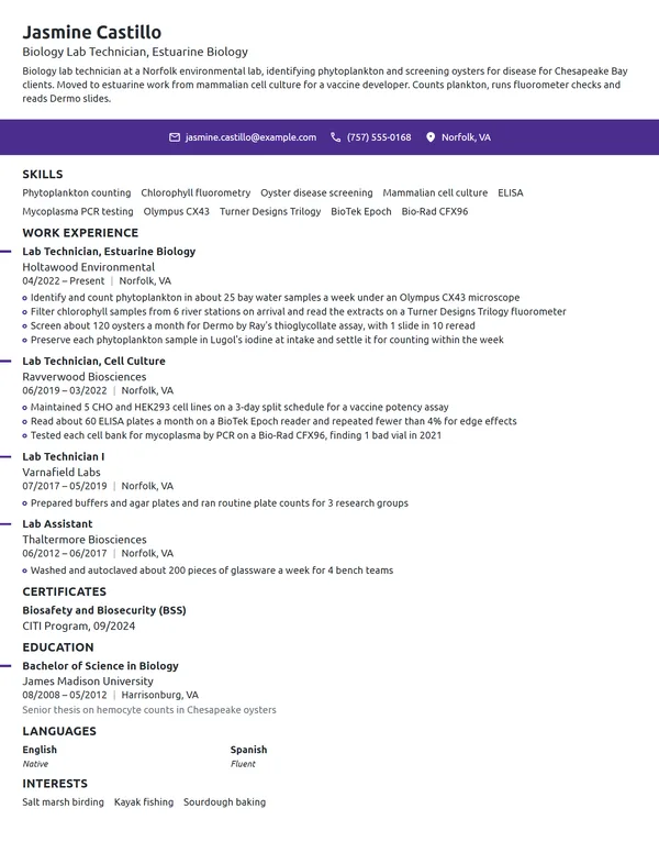 Biology Lab Technician resume example