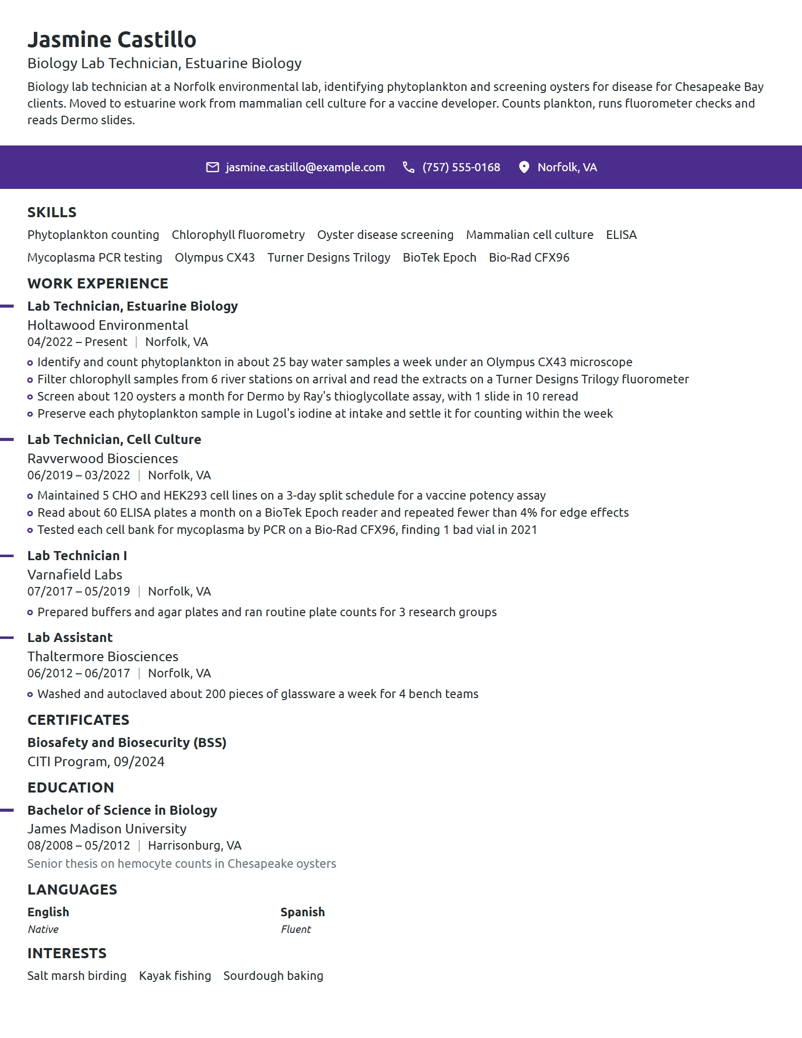 Biology Lab Technician resume example