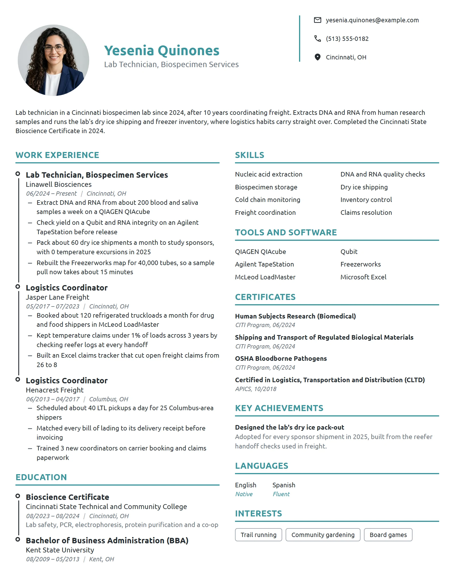 Career Change Lab Technician resume example