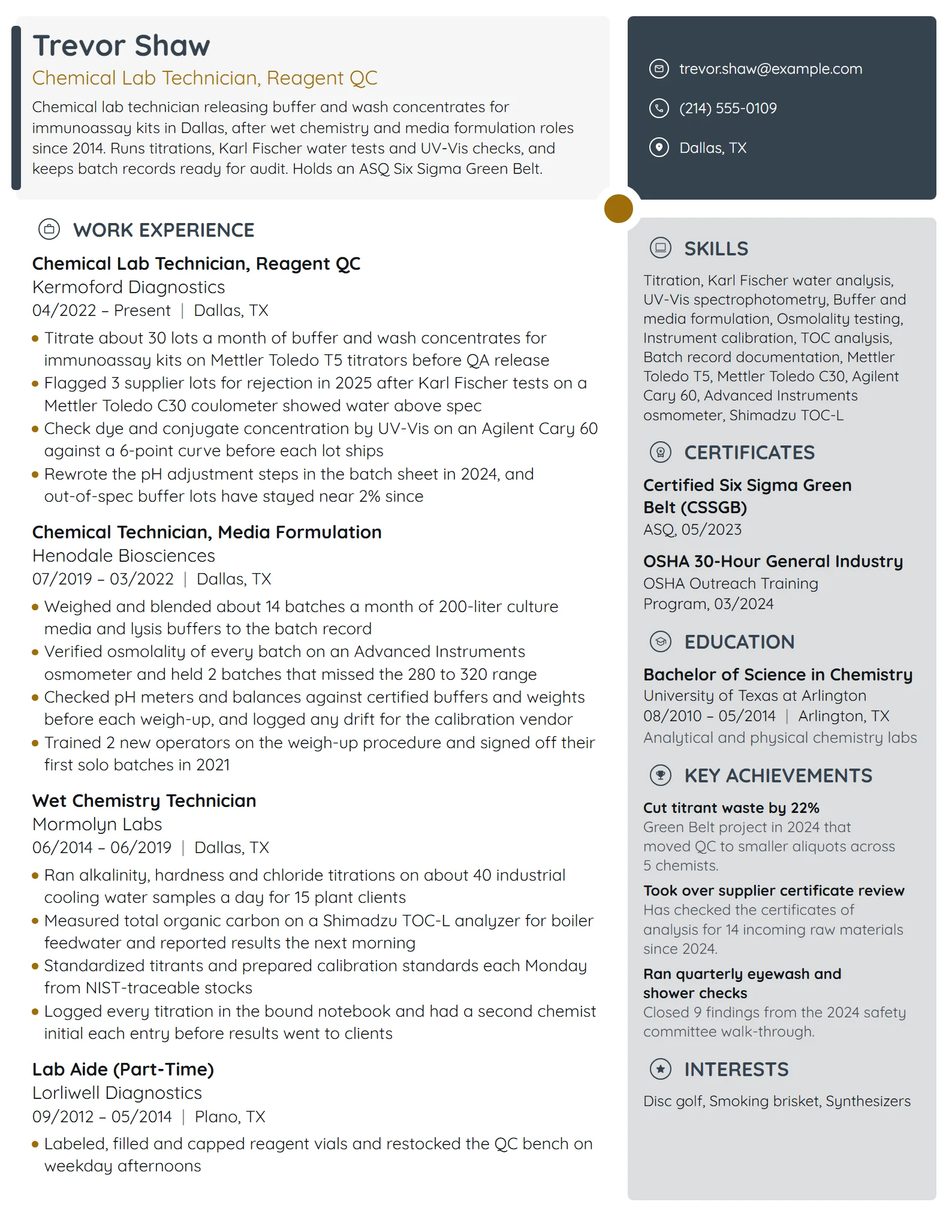 Chemical Lab Technician resume example