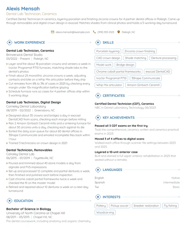 Dental Lab Technician resume example